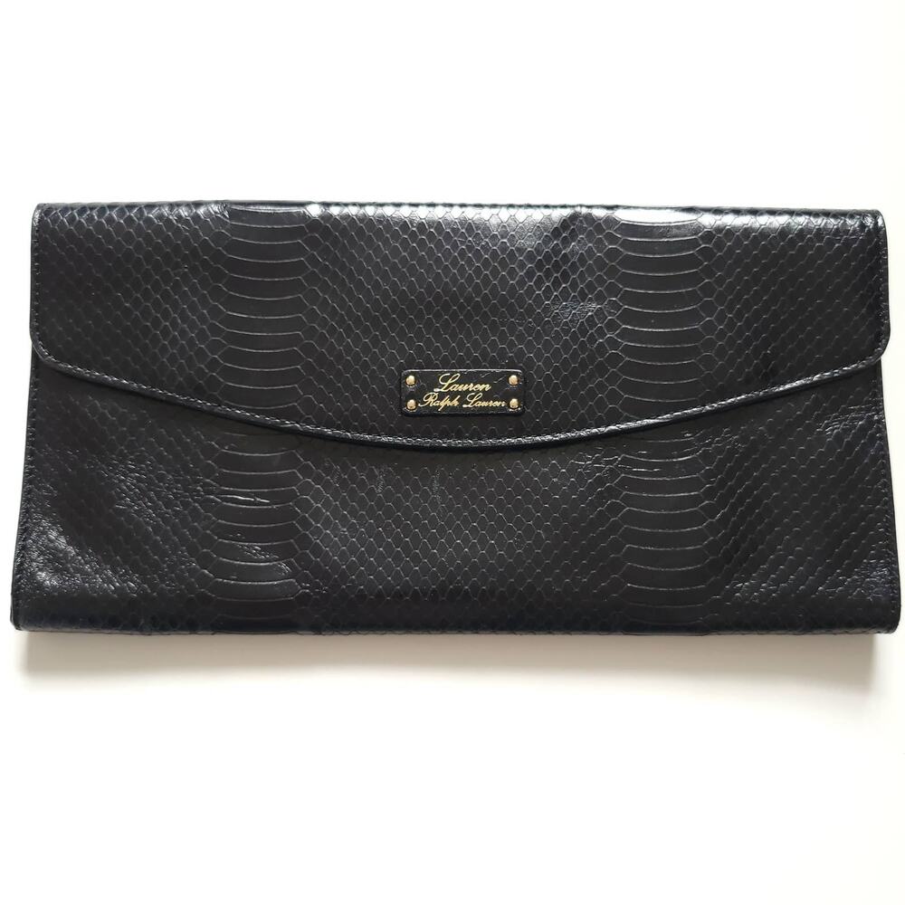 NWT Lauren Ralph Lauren Banbury Snake Envelope Clutch Black Evening
